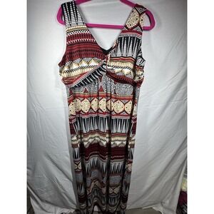 Jaclyn Smith Sleeveless V Neck Twisted Bodice Maxi Geometric Print Dress Sz XL